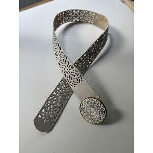 Coldwater Creek White Leather BELT Large Gold Tone Buckle X1 / XL Scroll 48”